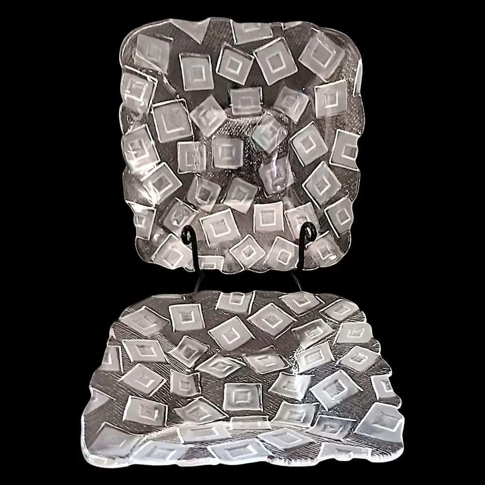 2 Mikasa Clear Glass Plates Side Frosted Square‎ Design Geometric Salad Snack